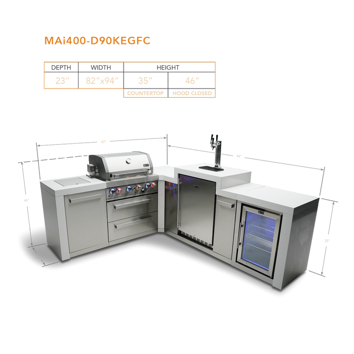Mont Alpi 400 Deluxe Island with a 90 Degree Corner, Kegerator and Fridge Cabinet