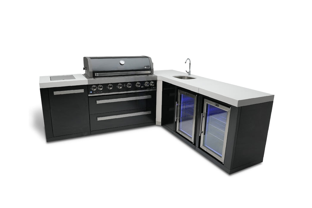Mont Alpi 805 Black Stainless Steel Island with a 90 Degree Corner Beverage Center and Fridge Cabinet