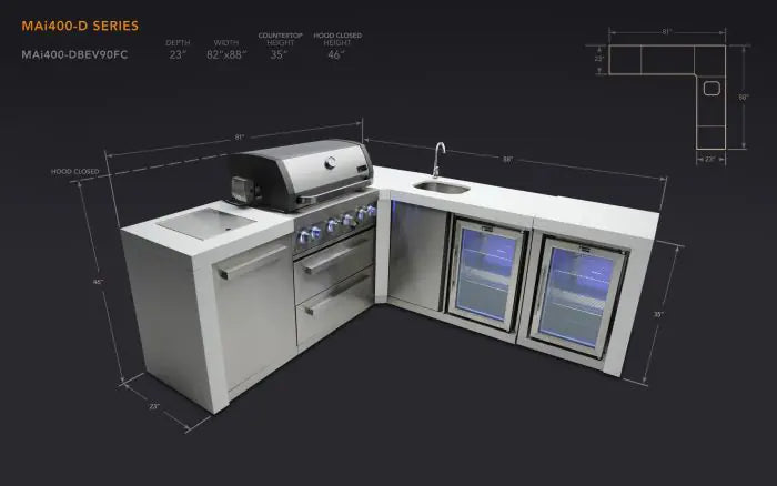 Mont Alpi 400 Deluxe Island with a 90 Degree Corner, Beverage center and Fridge Cabinet