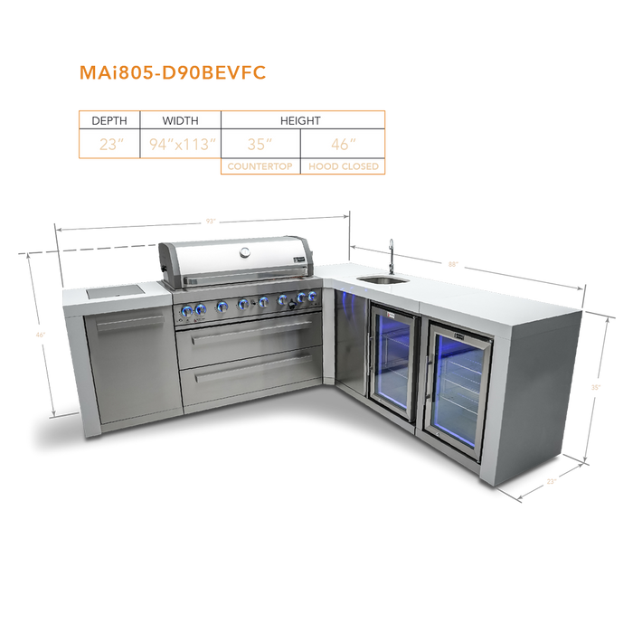 Isla Mont Alpi 805 Deluxe con esquina de 90 grados, centro de bebidas y gabinete refrigerador