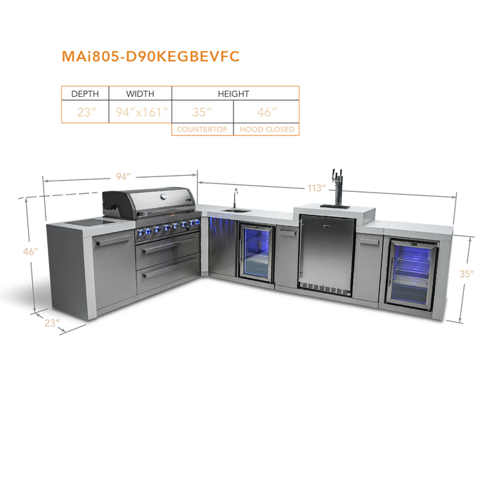 Mont Alpi 805 Deluxe Island with a 90 Degree Corner, Kegerator, Beverage Center and Fridge Cabinet