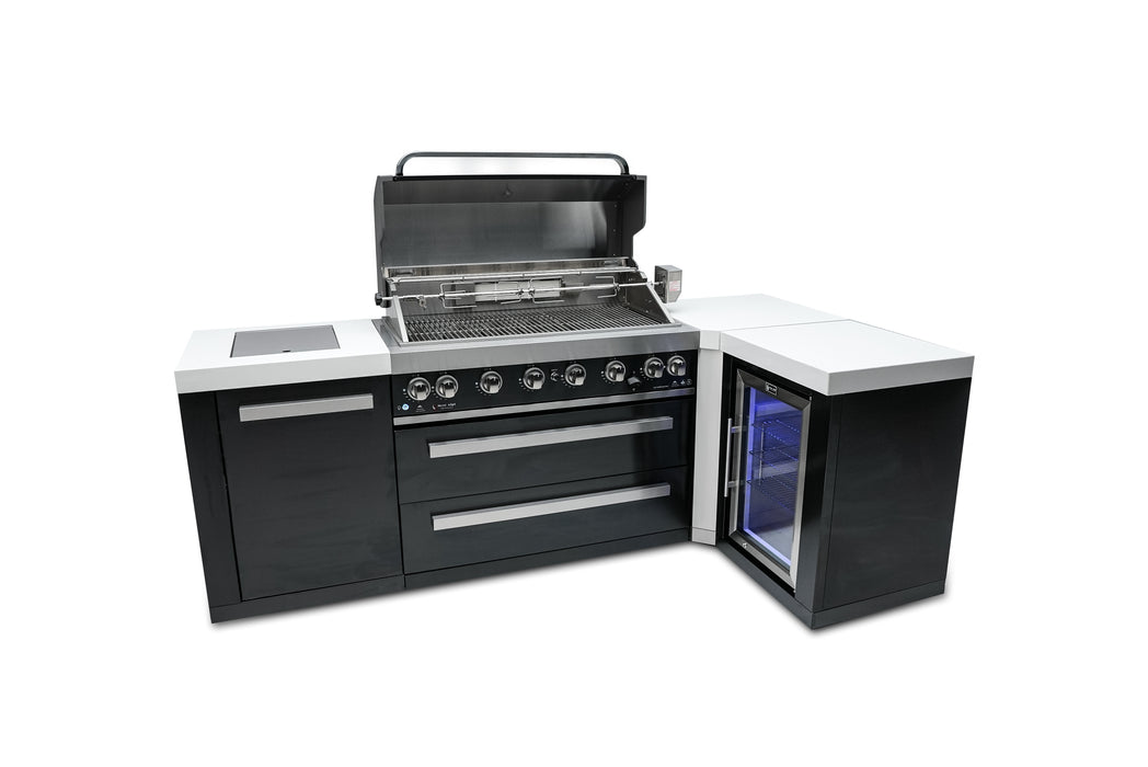 Mont Alpi 805 Black Stainless Steel Island with a 90 Degree Corner and a Fridge Cabinet