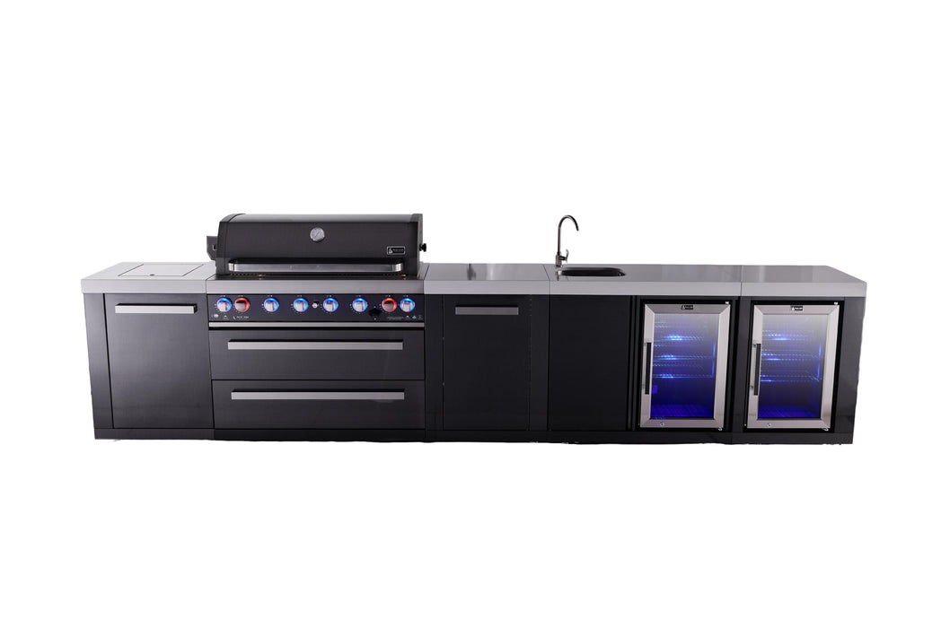 Mont Alpi 6-Burner Black Series Outdoor Kitchen Island With Beverage Center And Corner Fridge Module Plus Extra Storage Cabinet
