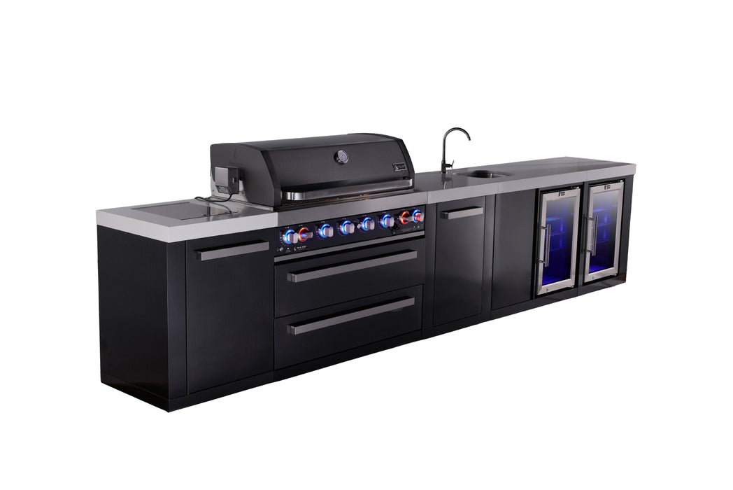 Mont Alpi 6-Burner Black Series Outdoor Kitchen Island With Beverage Center And Corner Fridge Module Plus Extra Storage Cabinet
