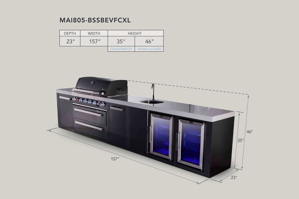 Mont Alpi 6-Burner Black Series Outdoor Kitchen Island With Beverage Center And Corner Fridge Module Plus Extra Storage Cabinet