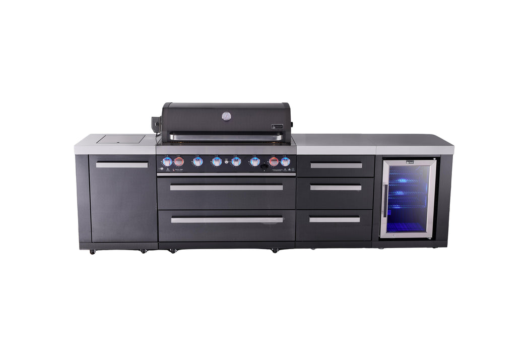 Mont Alpi 6-Burner Black Series Outdoor Kitchen Island With Extra Storage Cabinet And Corner Fridge Module