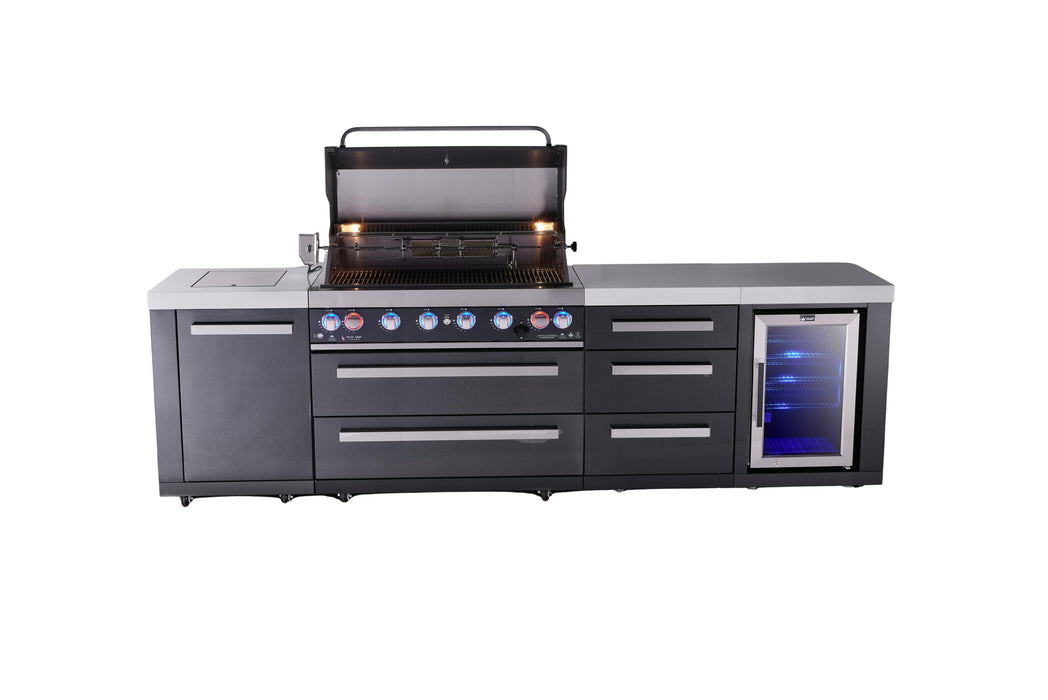 Mont Alpi 6-Burner Black Series Outdoor Kitchen Island With Extra Storage Cabinet And Corner Fridge Module