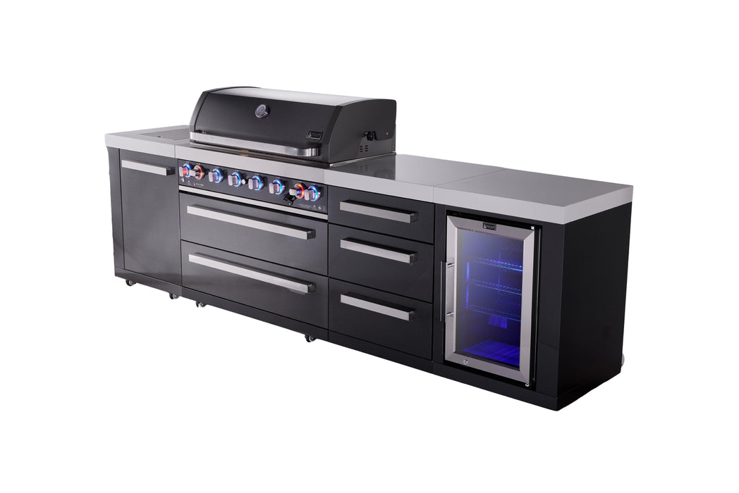 Mont Alpi 6-Burner Black Series Outdoor Kitchen Island With Extra Storage Cabinet And Corner Fridge Module