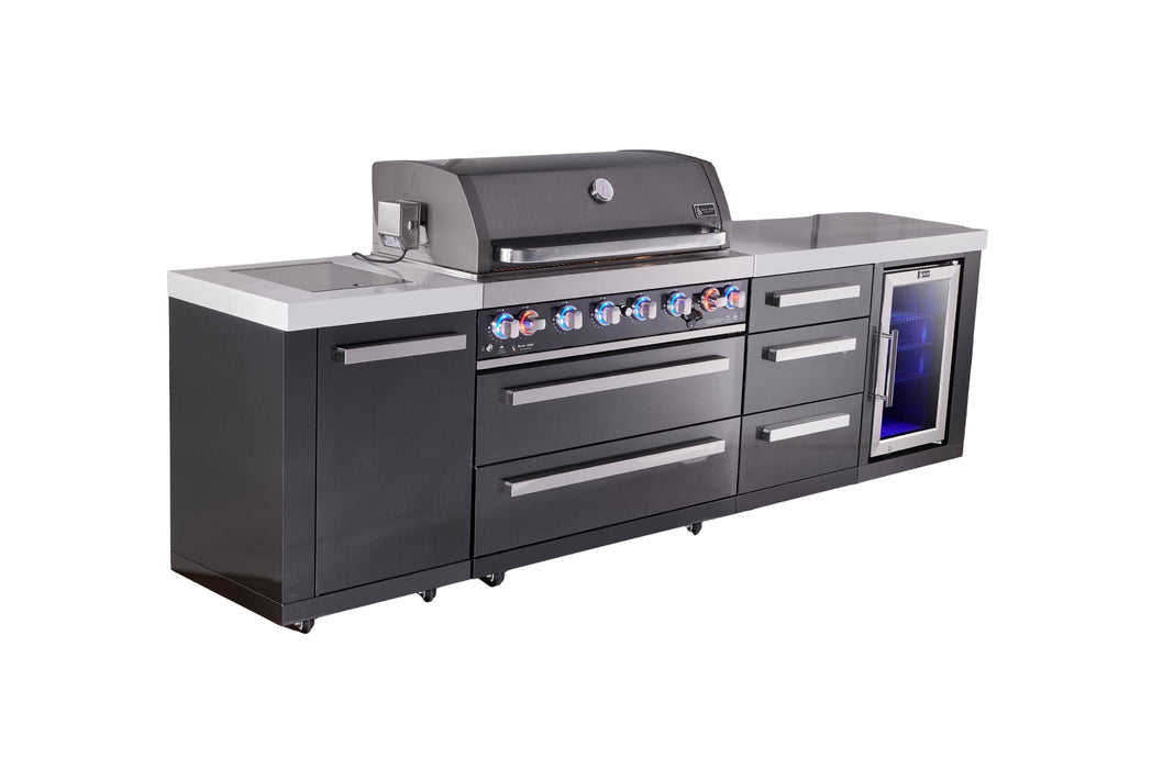 Mont Alpi 6-Burner Black Series Outdoor Kitchen Island With Extra Storage Cabinet And Corner Fridge Module